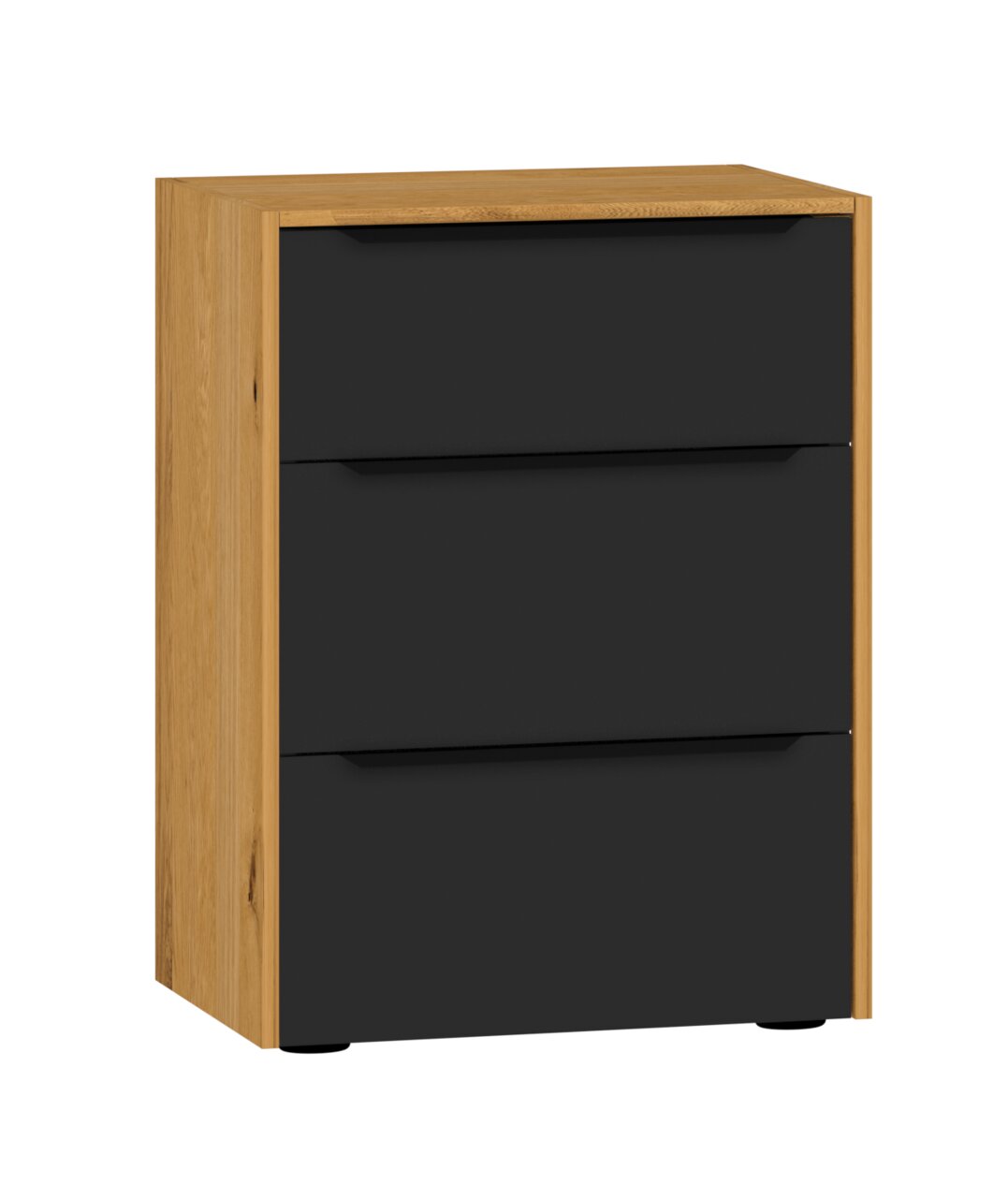 Jutzler Nachtkommode BEIMÖBEL Moderne Nachtkommode mit drei Schubladen in Holzoptik und schwarzer Front, seitliche Perspektive