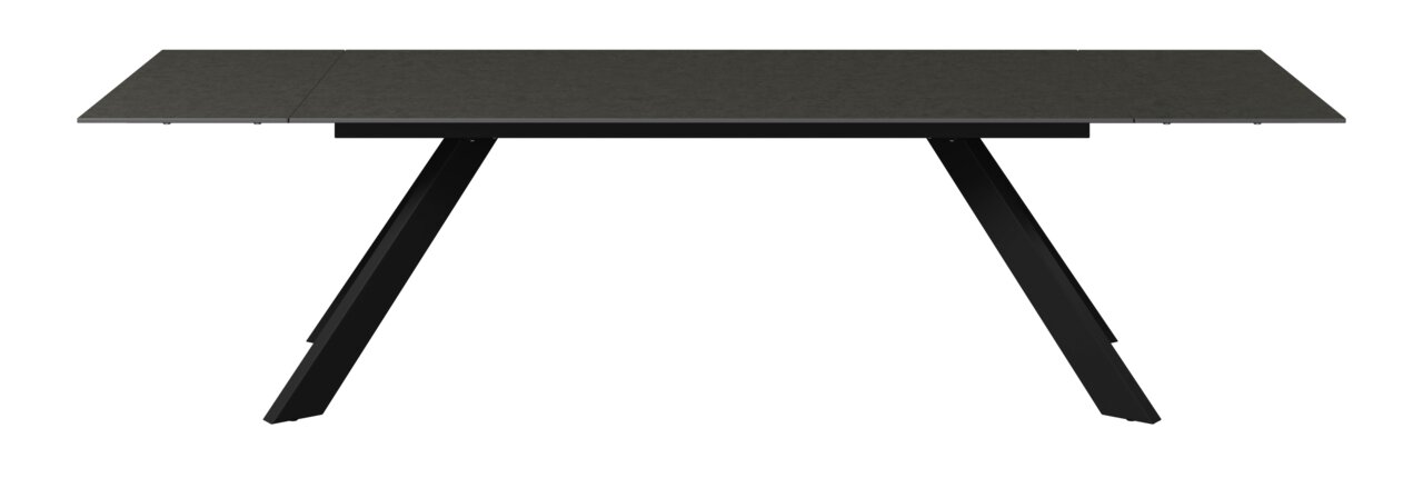 Moderner Gartentisch mit dunkler Tischplatte und schrägen Beinen, frontal betrachtet.