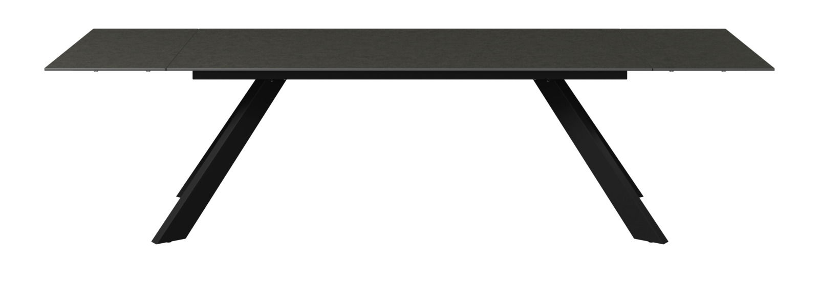 Moderner Gartentisch mit dunkler Tischplatte und schrägen Beinen, frontal betrachtet.