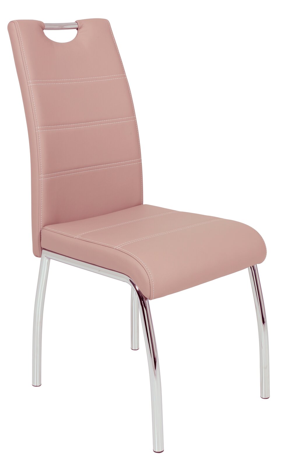 Moderner Stuhl mit rosa Polsterung und verchromten Beinen, seitliche Perspektive