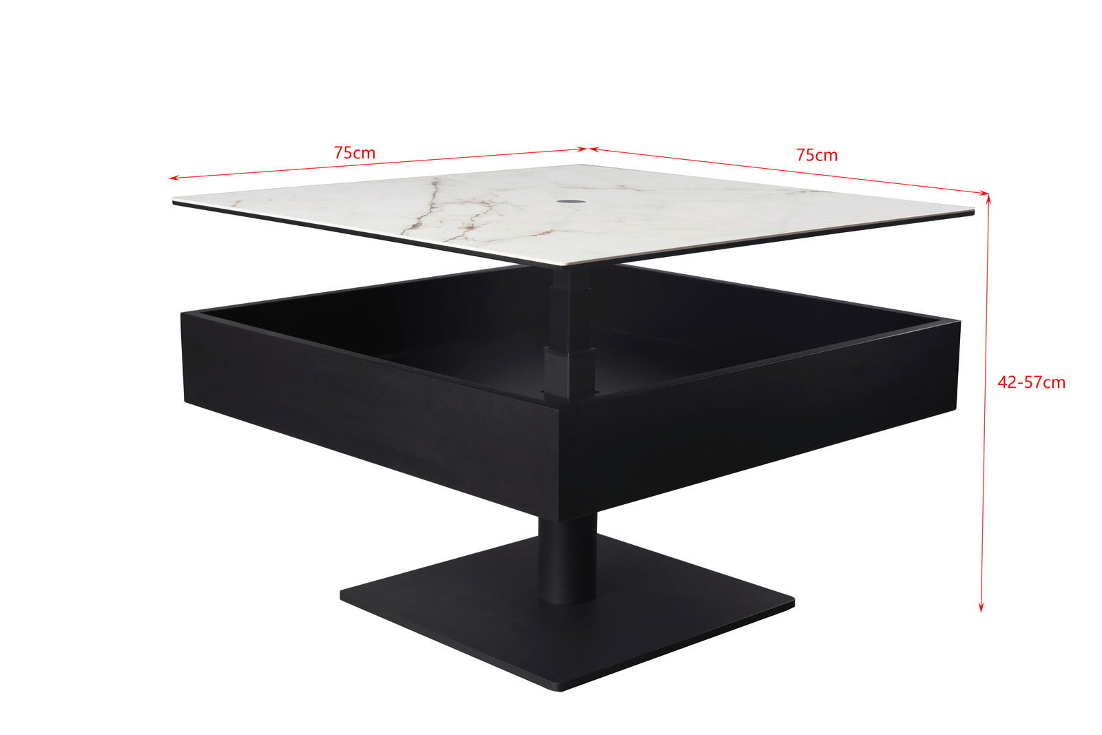 Moderner Couchtisch mit quadratischer Marmorplatte und schwarzem Untergestell, seitliche Perspektive.