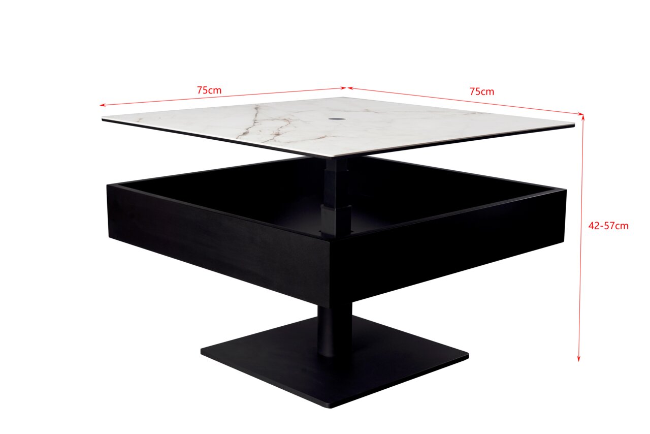 Moderne salontafel met vierkant marmeren blad en zwart onderstel, gezien vanaf de zijkant.