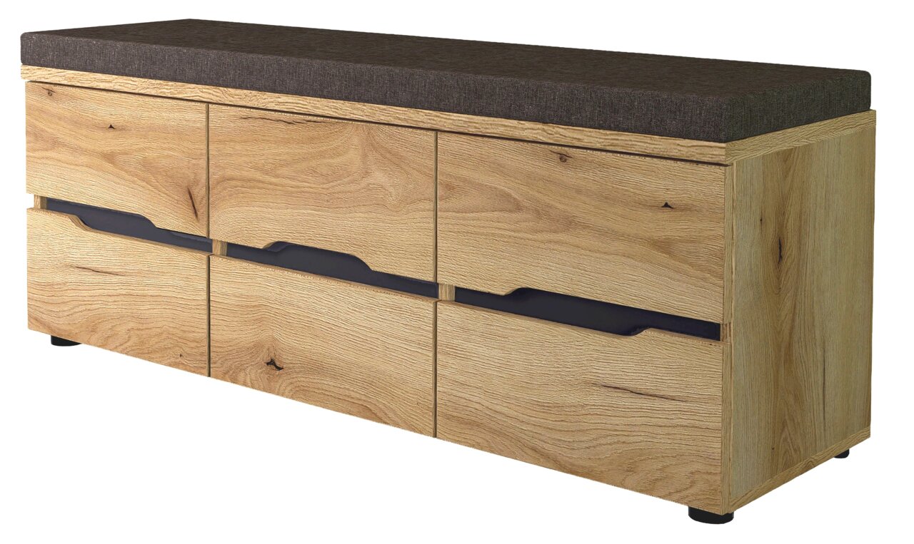 XL-Garderobenbank aus Holz mit gepolsterter Sitzfläche, seitliche Perspektive