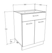 Technische Zeichnung eines Unterschranks mit Schublade und zwei Türen, Breite 600 mm, Tiefe 460 mm, Höhe 816 mm, Sockelhöhe 100 mm, dargestellt in schräger Frontansicht von vorne links.