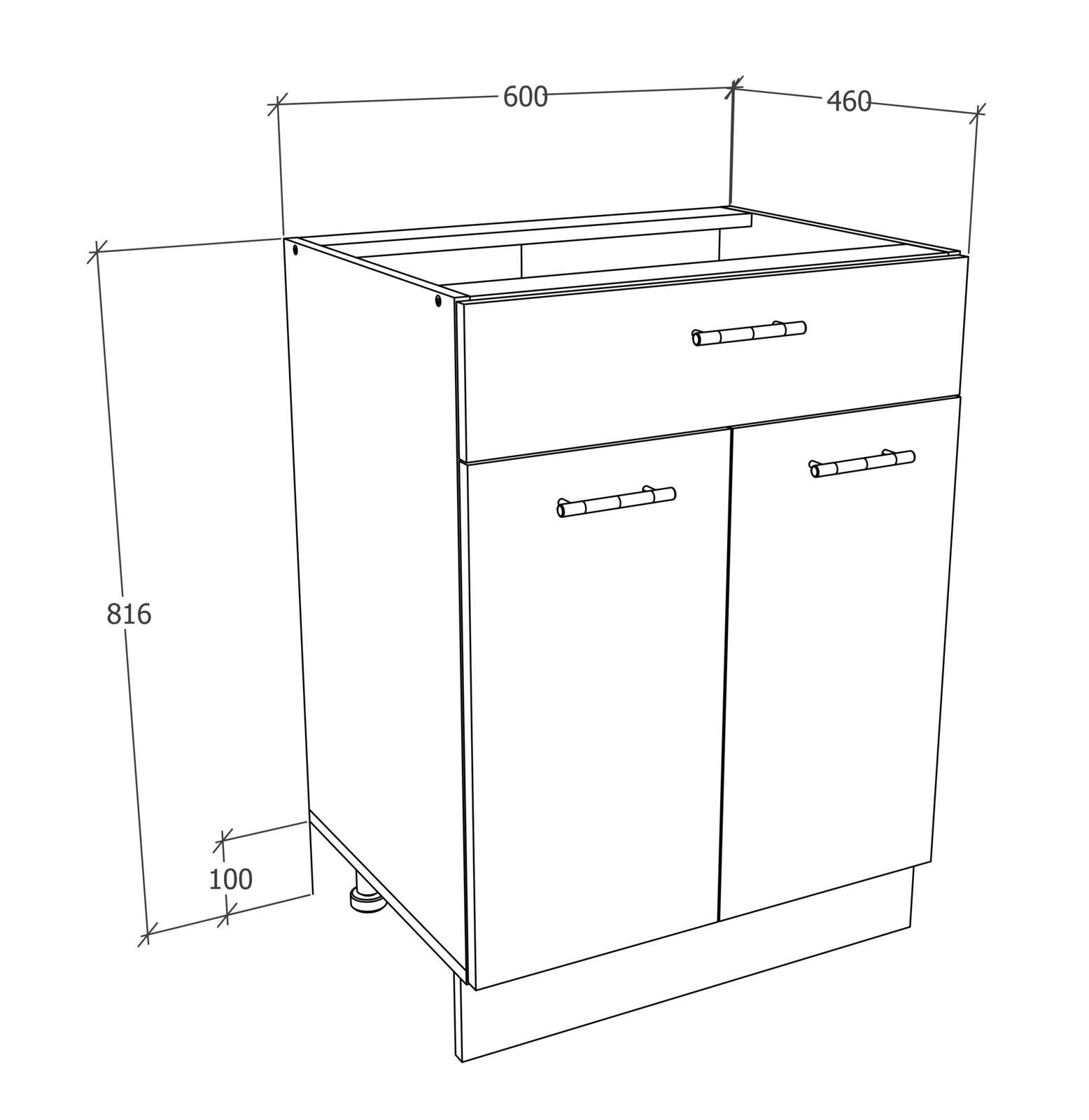 Technische Zeichnung eines Unterschranks mit Schublade und zwei Türen, Breite 600 mm, Tiefe 460 mm, Höhe 816 mm, Sockelhöhe 100 mm, dargestellt in schräger Frontansicht von vorne links.