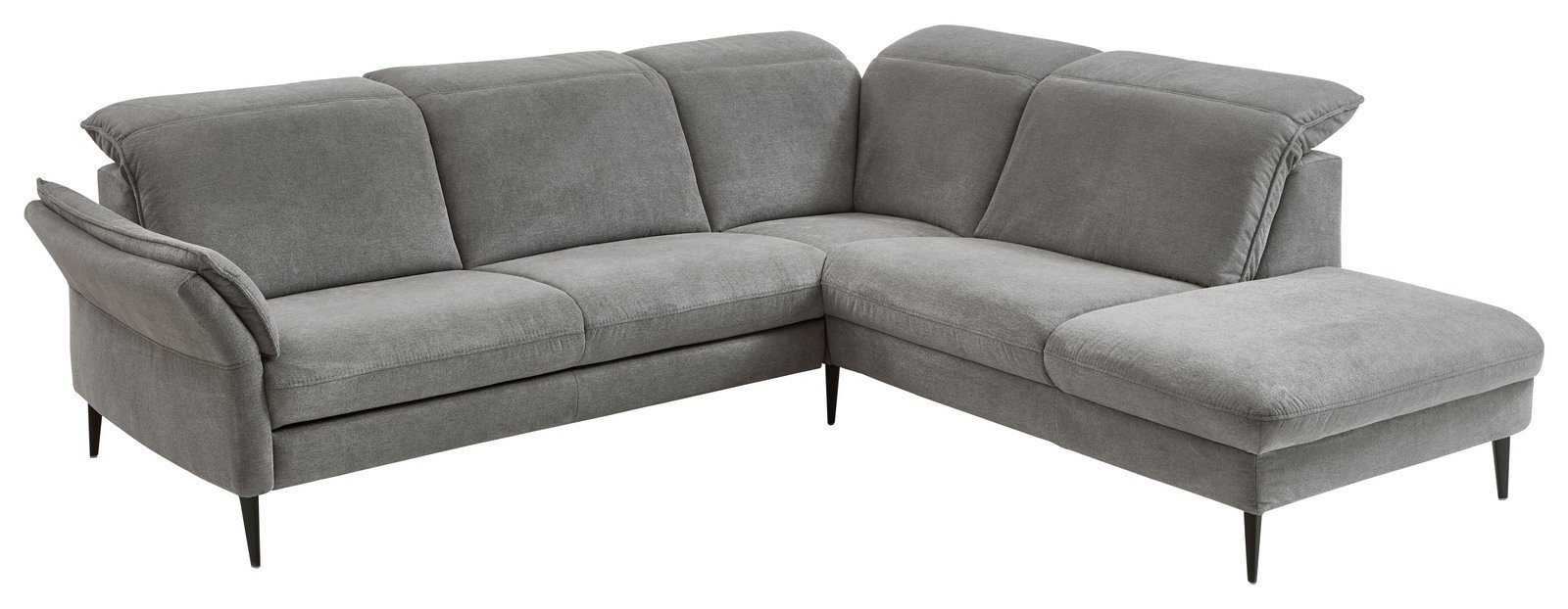 Graue Eckgarnitur mit modernem Design, abgebildet aus einer leicht erhöhten Perspektive.