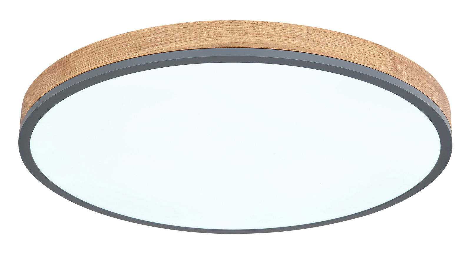 Runde Deckenleuchte DORO mit Holzrahmen, seitliche Perspektive