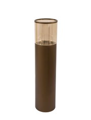 Cilindervormig windlicht met amberkleurig glas en een donkerbruine metalen voet, van voren en licht van boven afgebeeld