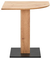 Holztisch mit rechteckiger Tischplatte und einem zentralen Standfuß, seitliche Perspektive