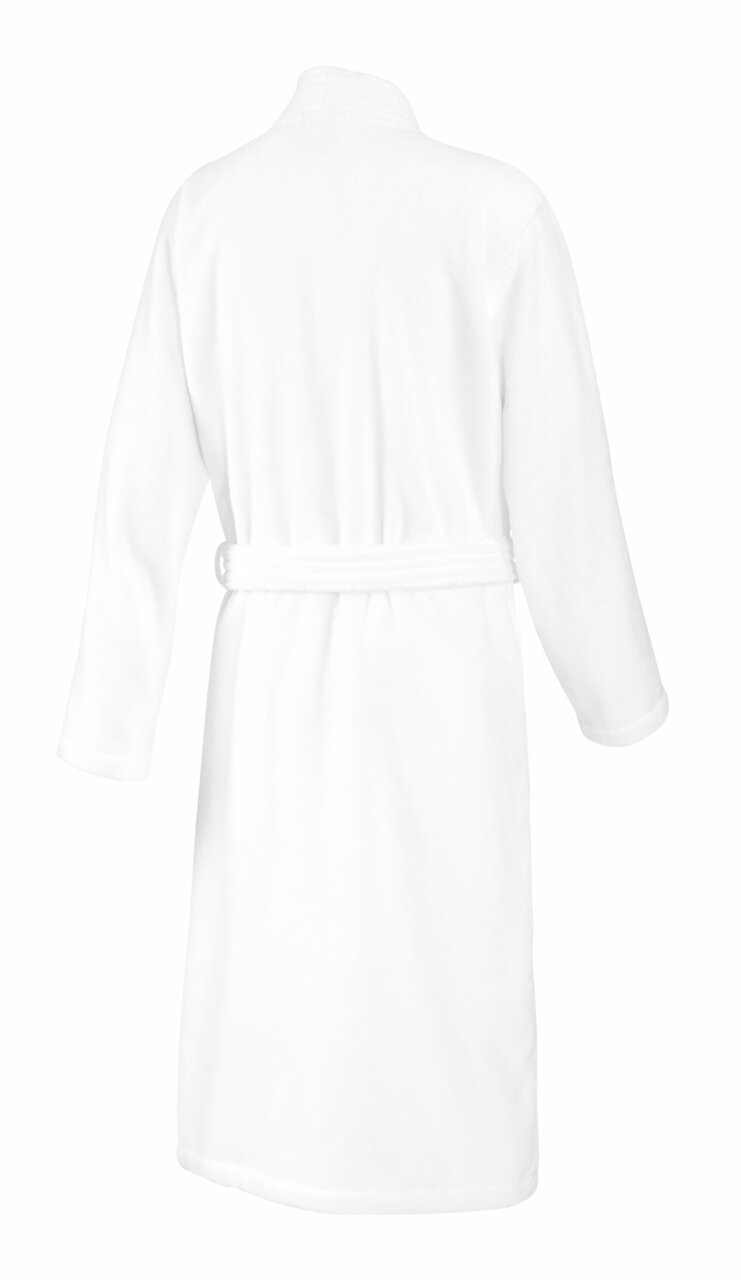 Rückansicht eines weißen Kimonos in Größe 58/60 mit Gürtel.