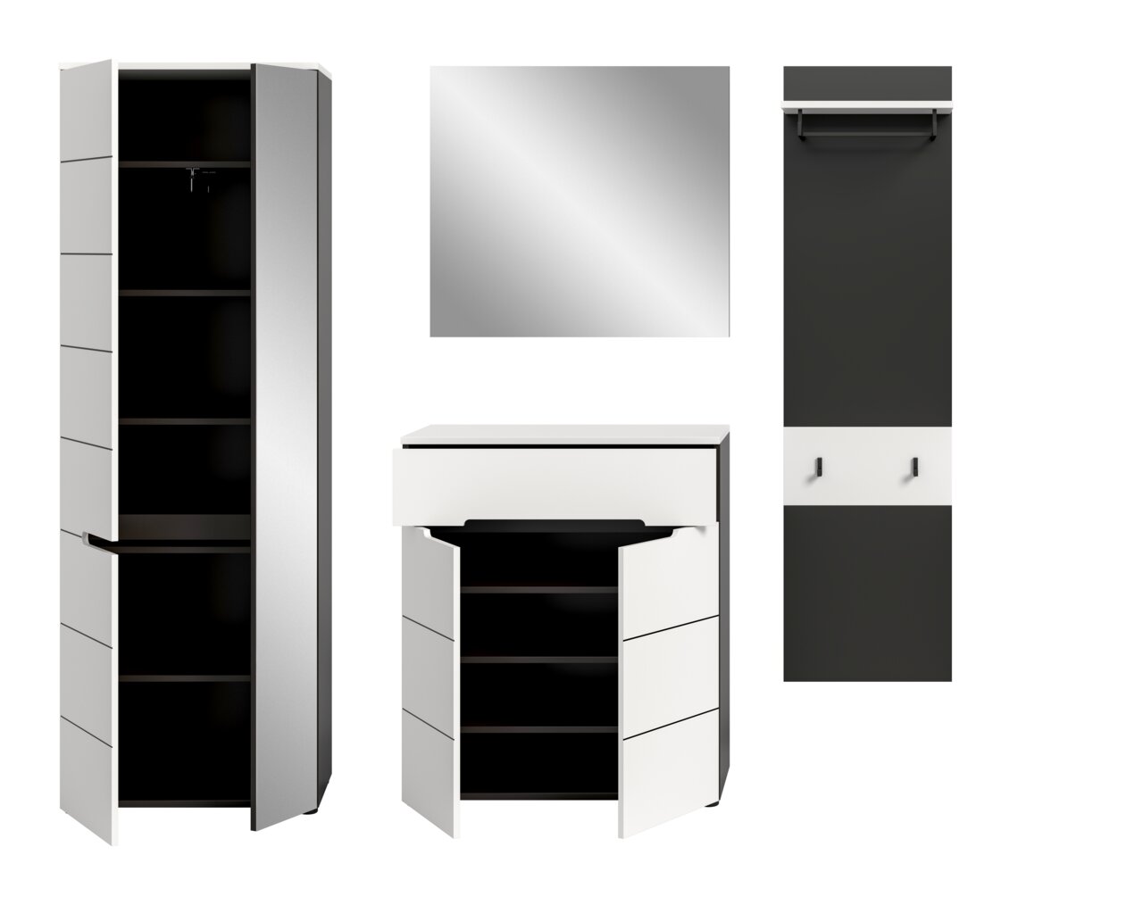 Modernes Garderoben-Set in Weiß und Anthrazit mit hohem Schrank und Kommode, beide mit geöffneten Türen und schwarzen Innenfächern, dazu quadratischer Spiegel und Wandpaneel mit Kleiderstange und Haken, Frontansicht