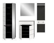 Modernes Garderoben-Set in Weiß und Anthrazit mit hohem Schrank und Kommode, beide mit geöffneten Türen und schwarzen Innenfächern, dazu quadratischer Spiegel und Wandpaneel mit Kleiderstange und Haken, Frontansicht