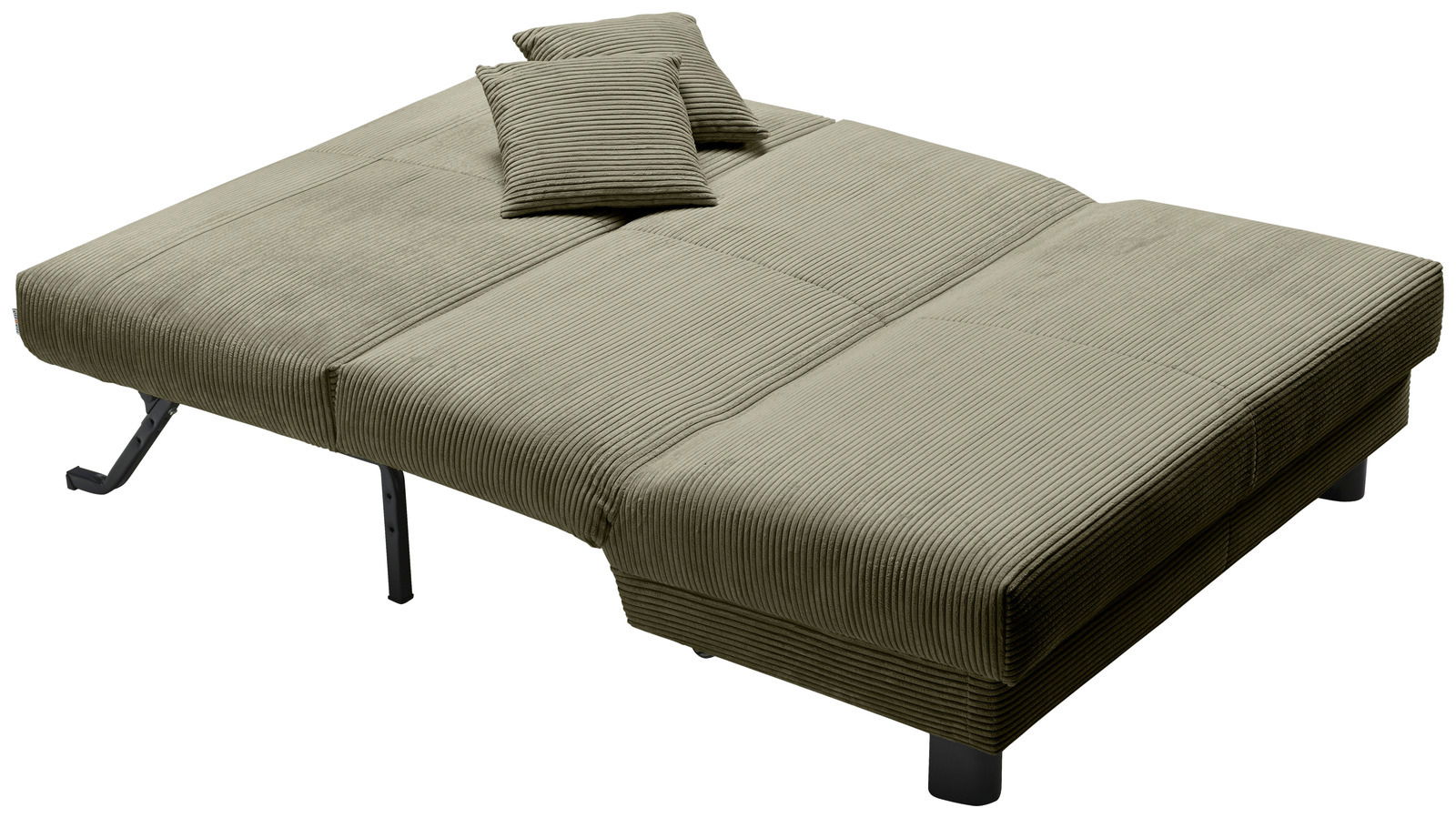 Z2 Schlafsofa ENNY Grünes Funktionssofa in Liegeposition mit zwei passenden Kissen, seitliche Perspektive