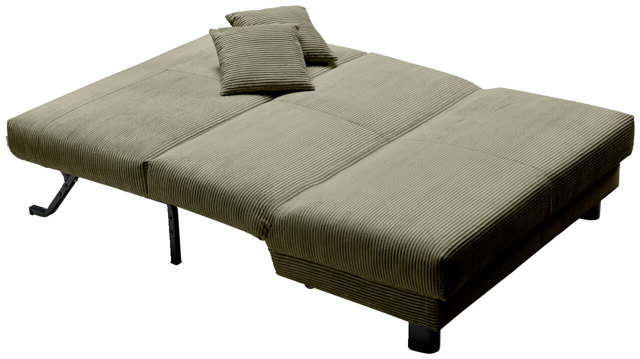 Z2 Schlafsofa ENNY Grünes Funktionssofa in Liegeposition mit zwei passenden Kissen, seitliche Perspektive