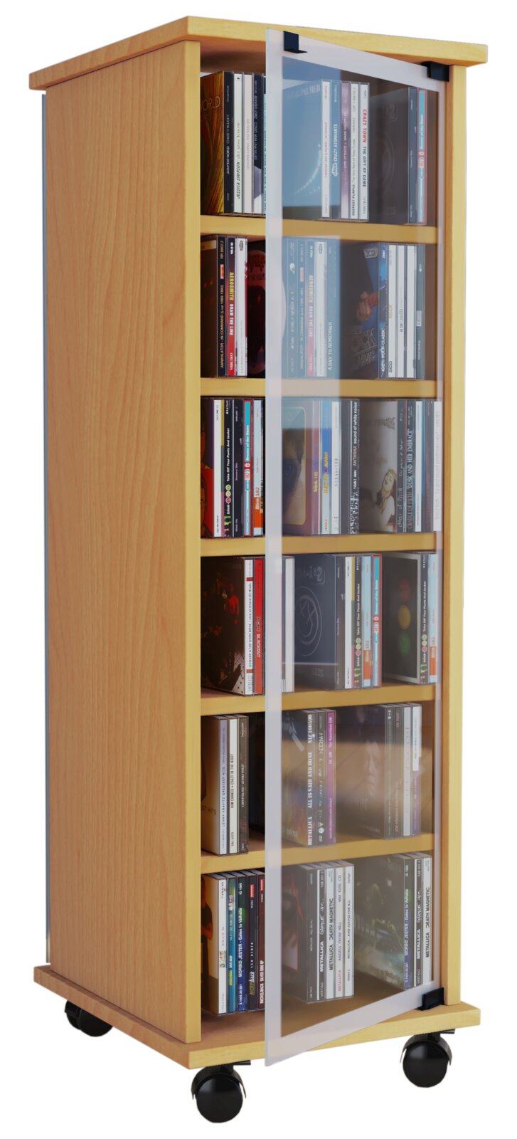 Schmaler CD/DVD-Aufbewahrungsschrank aus hellem Holz mit Glastür und Rollen, gefüllt mit CDs; schräge Vorderansicht mit leicht geöffneter Tür.