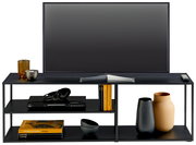 Frontale Ansicht eines modernen TV-Regalelements mit Dekorationen wie Vasen, Büchern und Kerzen.