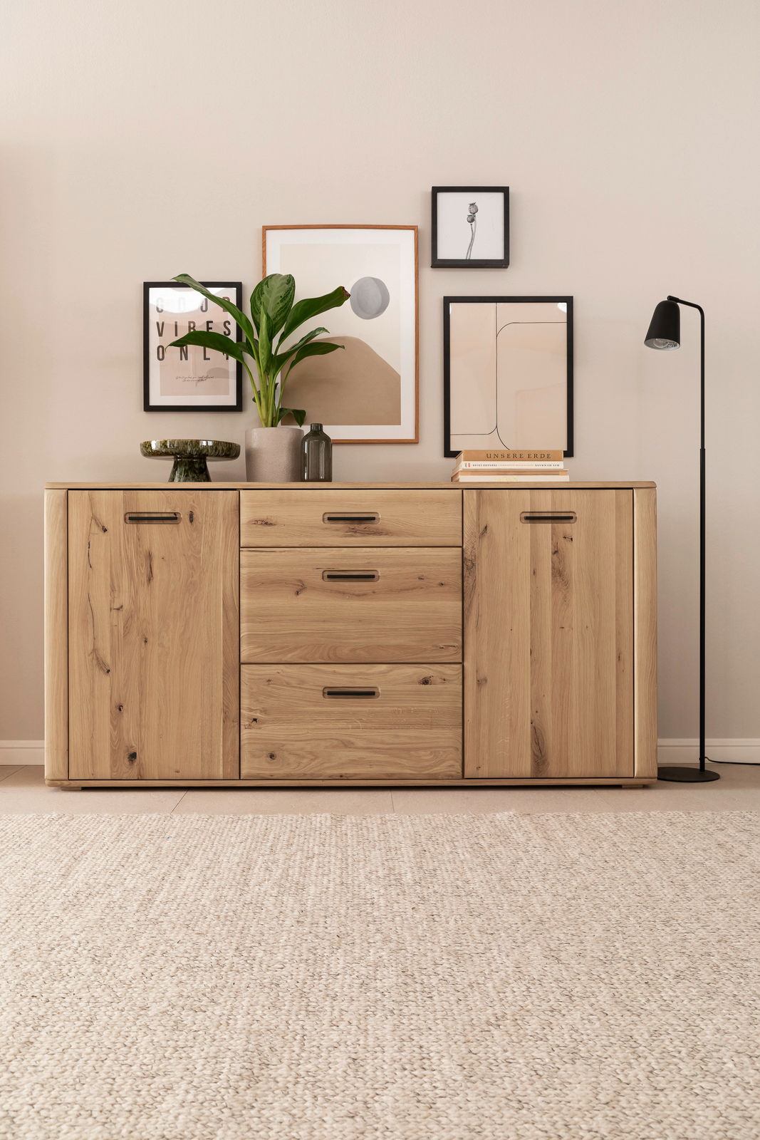 Holz-Sideboard mit zwei Türen und drei Schubladen, dekoriert mit Pflanzen und Bildern, aus frontaler Perspektive.