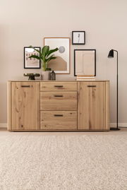 Holz-Sideboard mit zwei Türen und drei Schubladen, dekoriert mit Pflanzen und Bildern, aus frontaler Perspektive.