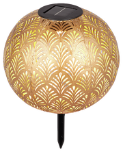 Goldene Solarleuchte mit dekorativem Muster, seitliche Perspektive