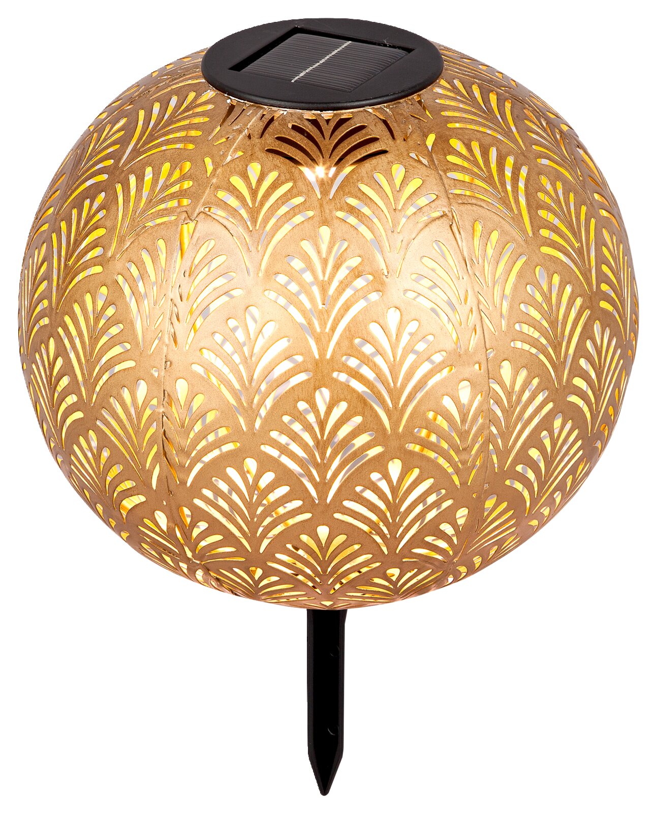Goldene Solarleuchte mit dekorativem Muster, seitliche Perspektive