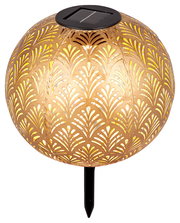 Goldene Solarleuchte mit dekorativem Muster, seitliche Perspektive