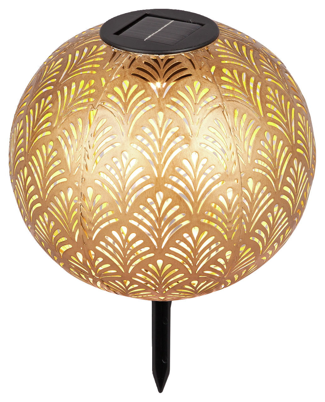 Goldene Solarleuchte mit dekorativem Muster, seitliche Perspektive