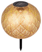 Goldene Solarleuchte mit dekorativem Muster, seitliche Perspektive