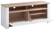 TV-Lowboard aus Holz mit weißem Rahmen, offene Fächer und herunterklappbare Türen, Frontansicht