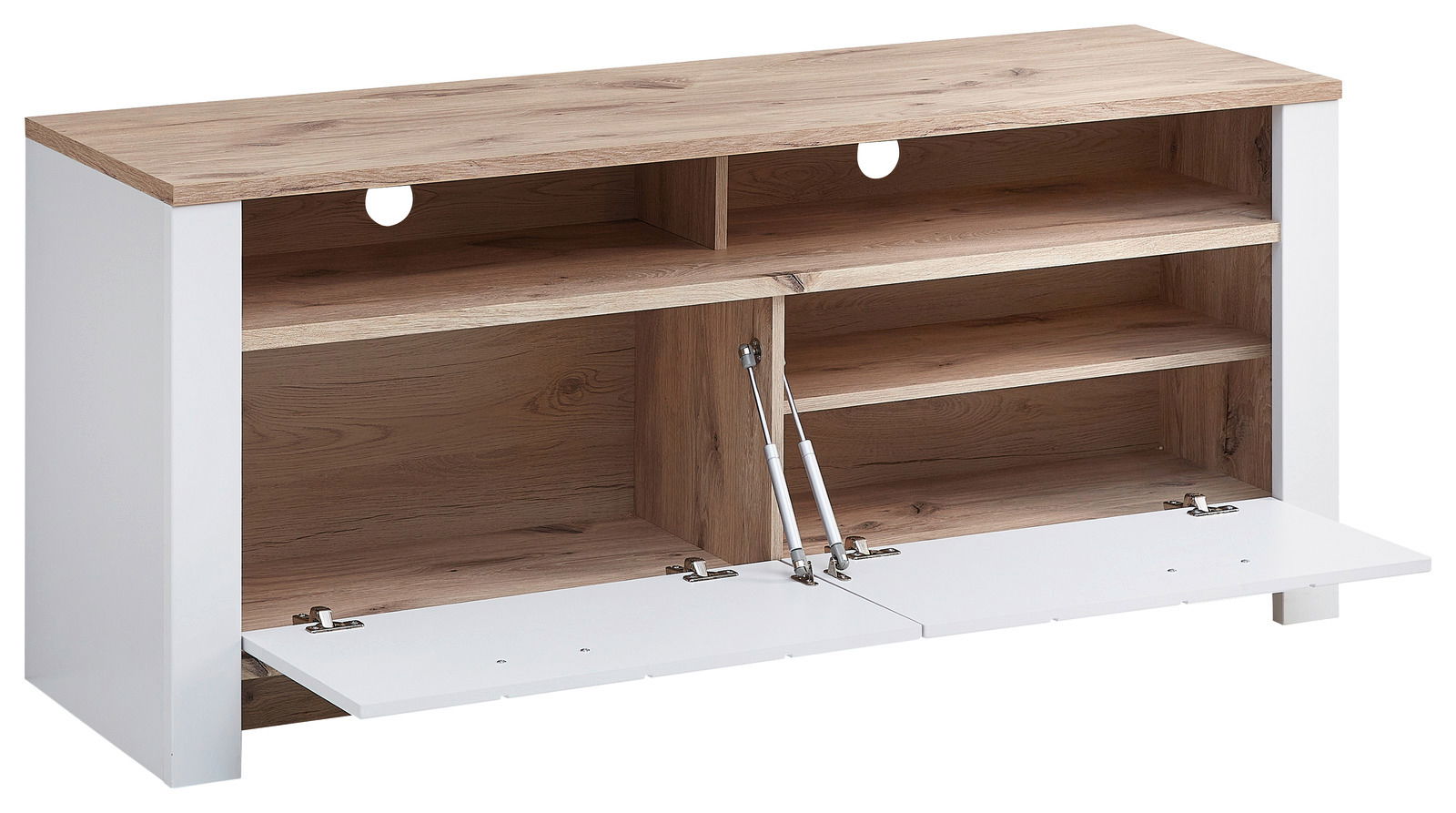 TV-Lowboard aus Holz mit weißem Rahmen, offene Fächer und herunterklappbare Türen, Frontansicht