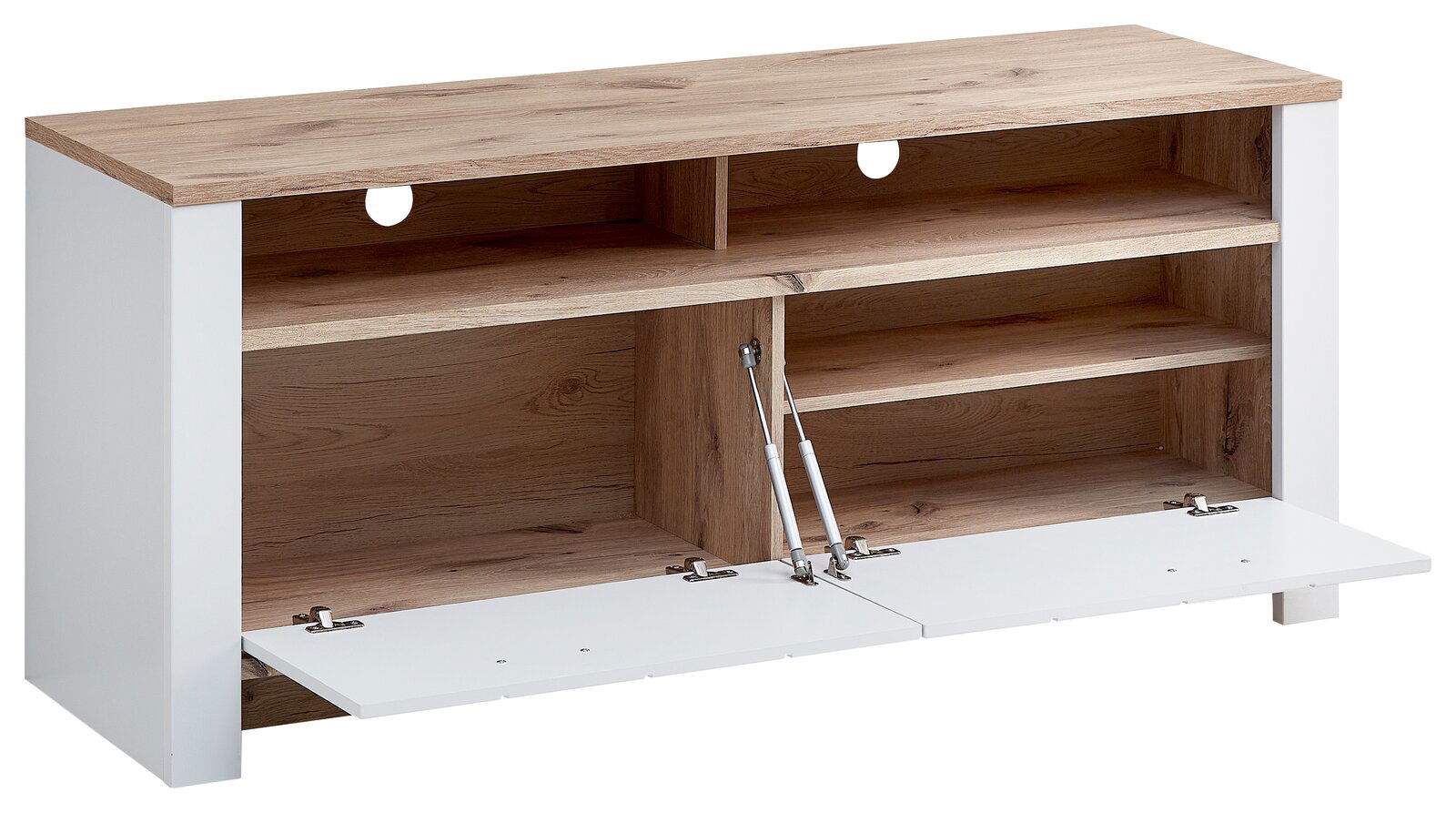 TV-Lowboard aus Holz mit weißem Rahmen, offene Fächer und herunterklappbare Türen, Frontansicht