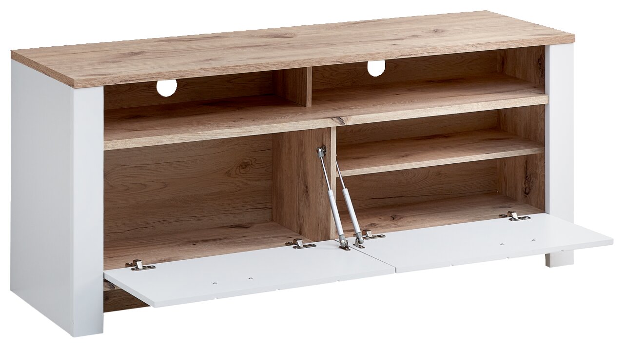 TV-Lowboard aus Holz mit weißem Rahmen, offene Fächer und herunterklappbare Türen, Frontansicht