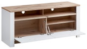 Houten tv-lowboard met wit frame, open vakken en neerklapbare deuren, vooraanzicht