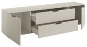 TV-lowboard in lichtbeige met twee open lades en twee open deuren, zijaanzicht