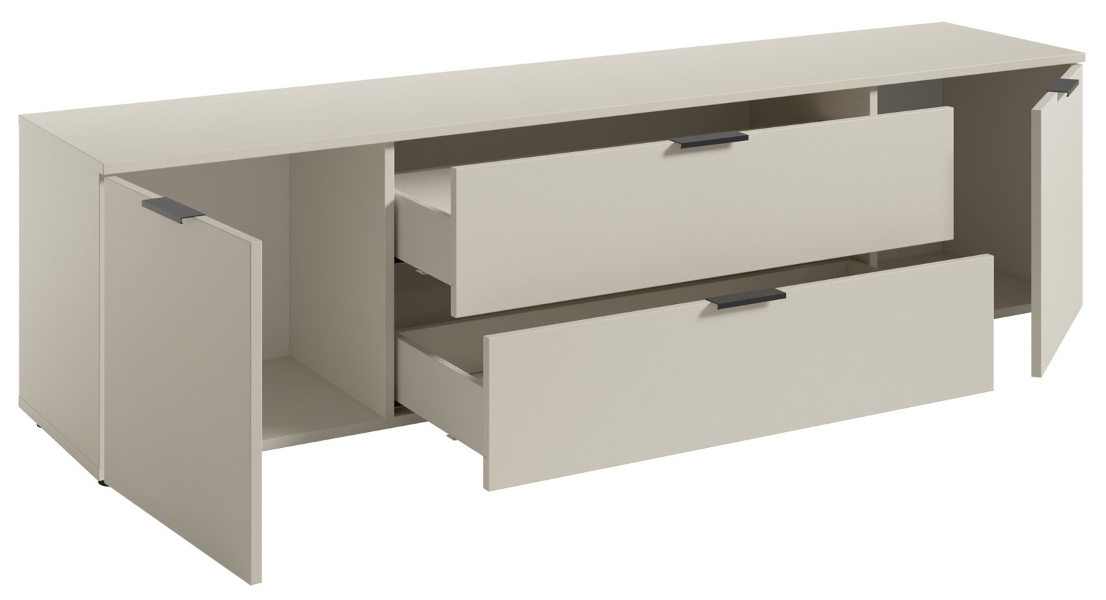 TV-lowboard in lichtbeige met twee open lades en twee open deuren, zijaanzicht