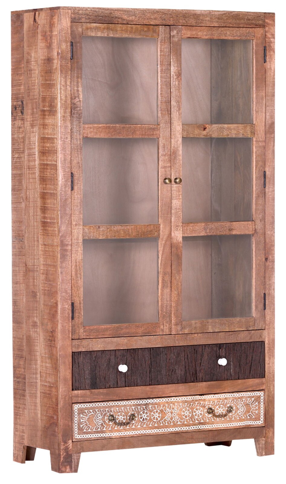 Holzvitrine mit Glastüren und Schubladen, frontal fotografiert