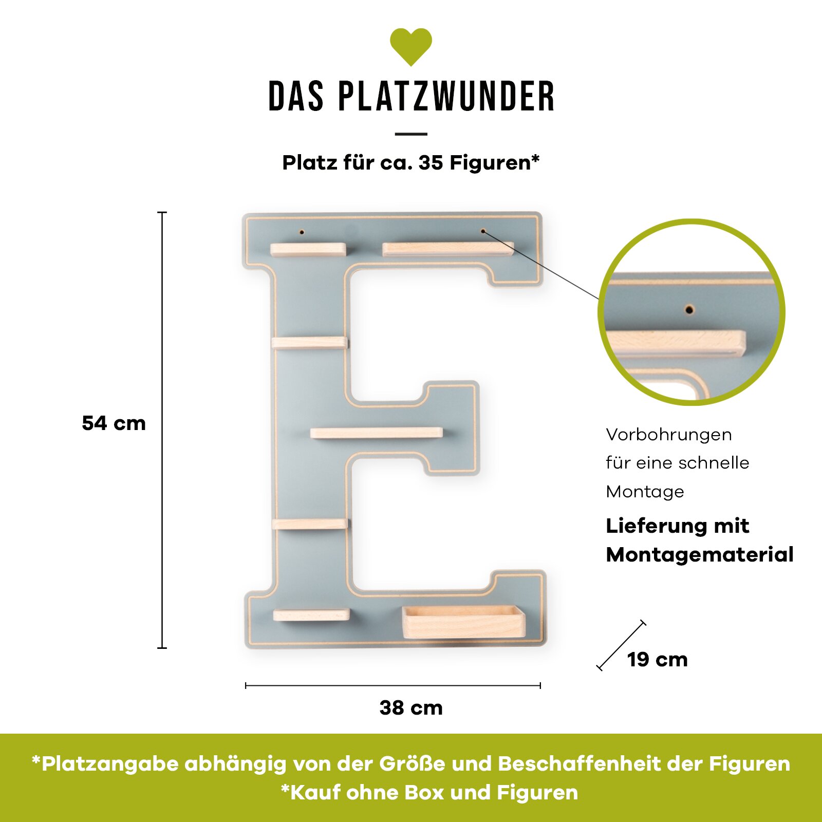 Wandregal in Form des Buchstabens E aus Holz in Hellblau mit mehreren Ablagen, ca. 54 x 38 x 19 cm, Platz für etwa 35 Figuren, mit Vorbohrungen und Montagematerial, Frontalansicht.