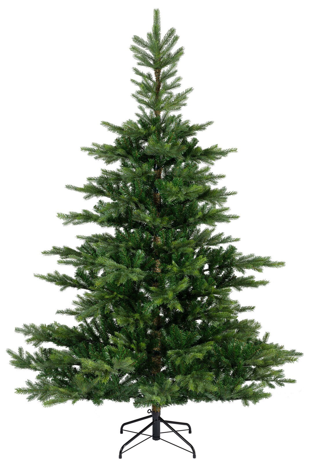 Künstlicher Weihnachtsbaum mit grünen Zweigen und stabilem Metallständer, frontal fotografiert.