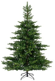 Künstlicher Weihnachtsbaum mit grünen Zweigen und stabilem Metallständer, frontal fotografiert.