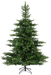 Künstlicher Weihnachtsbaum mit grünen Zweigen und stabilem Metallständer, frontal fotografiert.