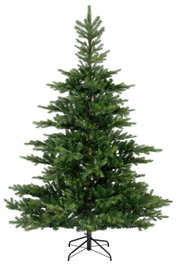 Kunstkerstboom met groene takken en een stevige metalen standaard, van voren gefotografeerd.