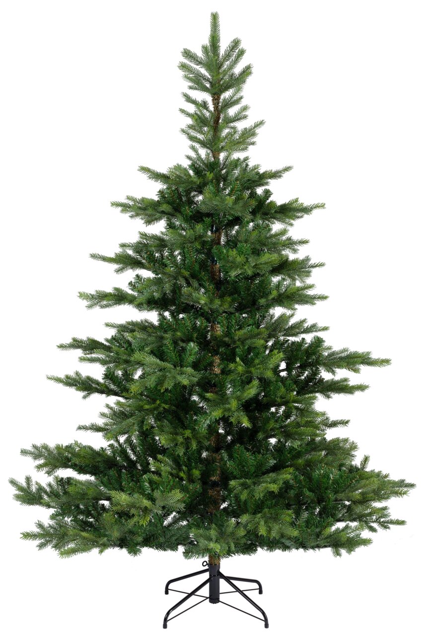 Kunstkerstboom met groene takken en een stevige metalen standaard, van voren gefotografeerd.