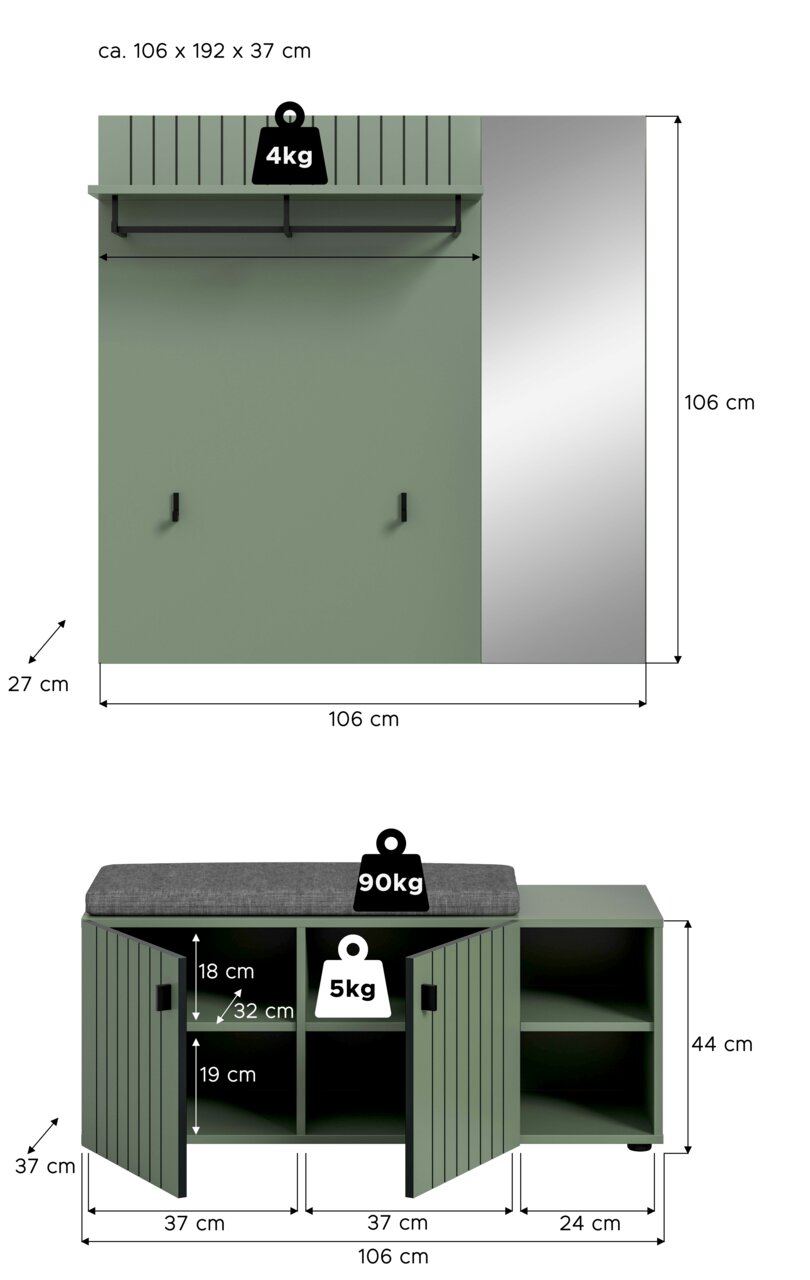 Grüne Garderobe mit Hutablage, Kleiderstange und Spiegel rechts, Maße ca. 106 x 192 x 37 cm, Frontansicht; darunter grüne Sitzbank mit gepolsterter Sitzfläche und Stauraumfächern, Maße ca. 106 x 44 x 37 cm, Frontansicht mit geöffneten Türen und Maßangaben