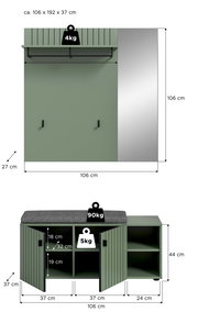 Grüne Garderobe mit Hutablage, Kleiderstange und Spiegel rechts, Maße ca. 106 x 192 x 37 cm, Frontansicht; darunter grüne Sitzbank mit gepolsterter Sitzfläche und Stauraumfächern, Maße ca. 106 x 44 x 37 cm, Frontansicht mit geöffneten Türen und Maßangaben