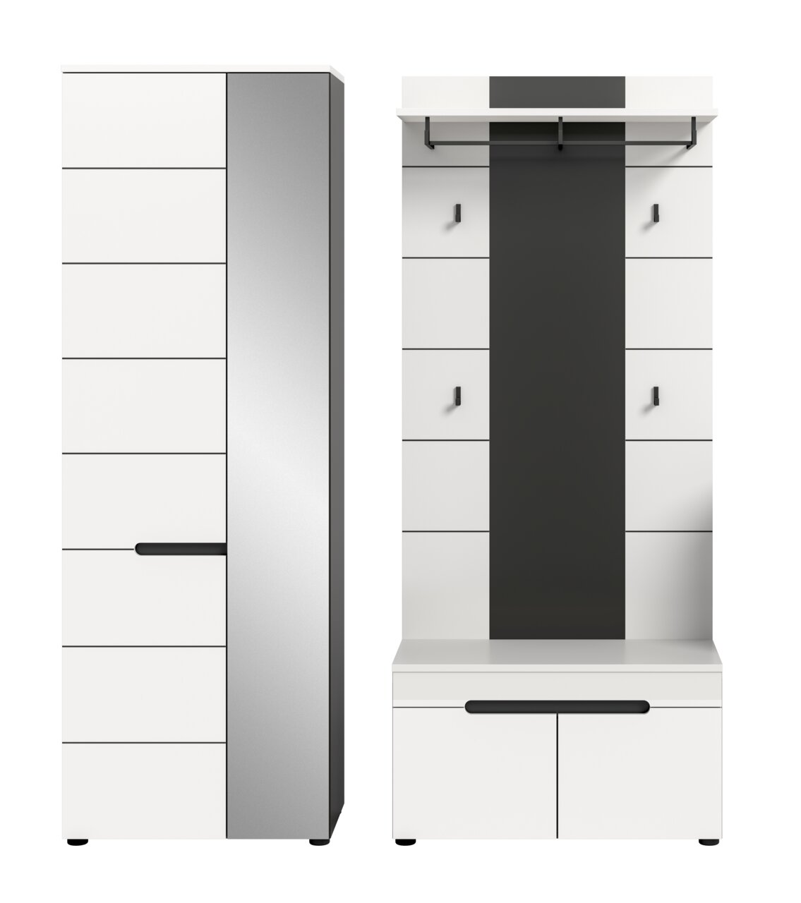 Modernes Garderoben-Set in Weiß und Grau mit schwarzer Akzentleiste, bestehend aus hohem Schuh-/Mehrzweckschrank und Garderobenpaneel mit Hutablage, Haken und Sitzbank; Frontansicht.