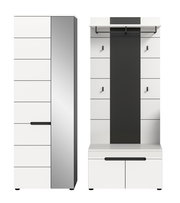 Modernes Garderoben-Set in Weiß und Grau mit schwarzer Akzentleiste, bestehend aus hohem Schuh-/Mehrzweckschrank und Garderobenpaneel mit Hutablage, Haken und Sitzbank; Frontansicht.