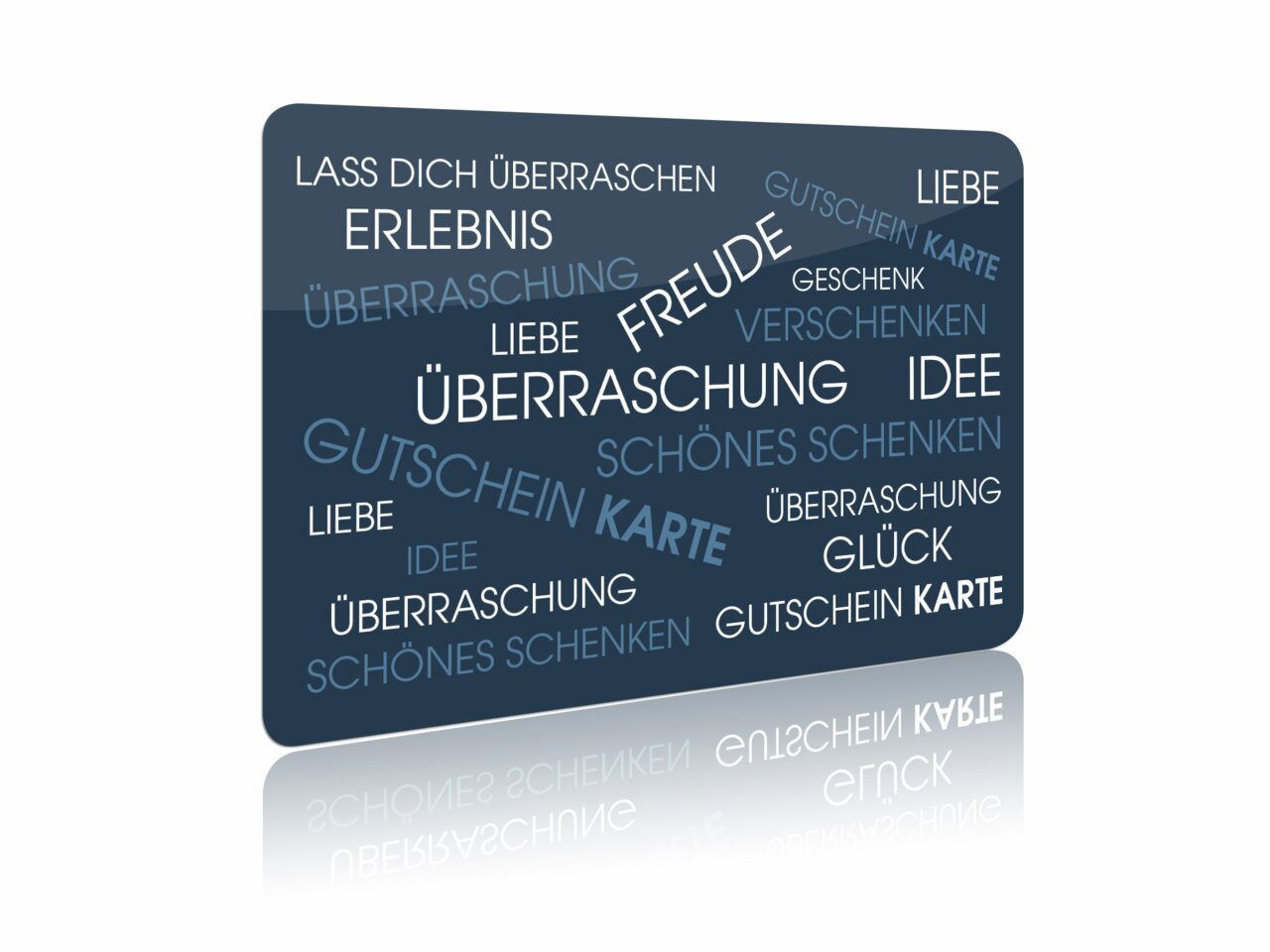 Geschenkgutschein im Querformat mit Wörtern wie Überraschung, Freude und Liebe in verschiedenen Schriftgrößen auf dunkelblauem Hintergrund.