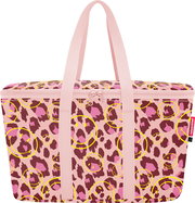 Rechteckige Reisenthel Kühltasche mit Reißverschluss und zwei rosa Tragehenkeln, Leopardenmuster in Rosa/Braun mit gelben Smiley-Kreisen, Frontansicht vor weißem Hintergrund