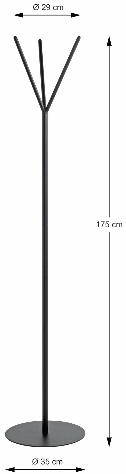 Schwarzer Garderobenständer mit drei Haken, 175 cm hoch, 29 cm Durchmesser oben, 35 cm Durchmesser unten, frontal abgebildet.