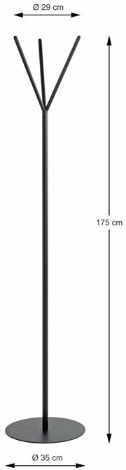 Schwarzer Garderobenständer mit drei Haken, 175 cm hoch, 29 cm Durchmesser oben, 35 cm Durchmesser unten, frontal abgebildet.