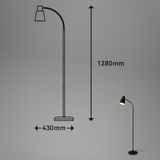 Schwarze Stehleuchte mit gebogenem Arm, 1xE27 Fassung, Höhe 1280mm, Breite 430mm, seitliche Perspektive.